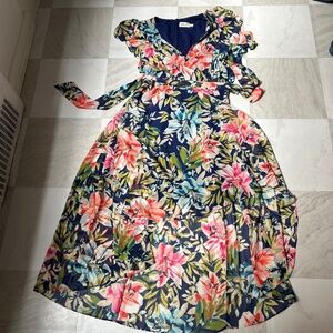 Eliza J Hi Low Floral Midi Dress Size 10 Pink Blue Tie Cottagecore